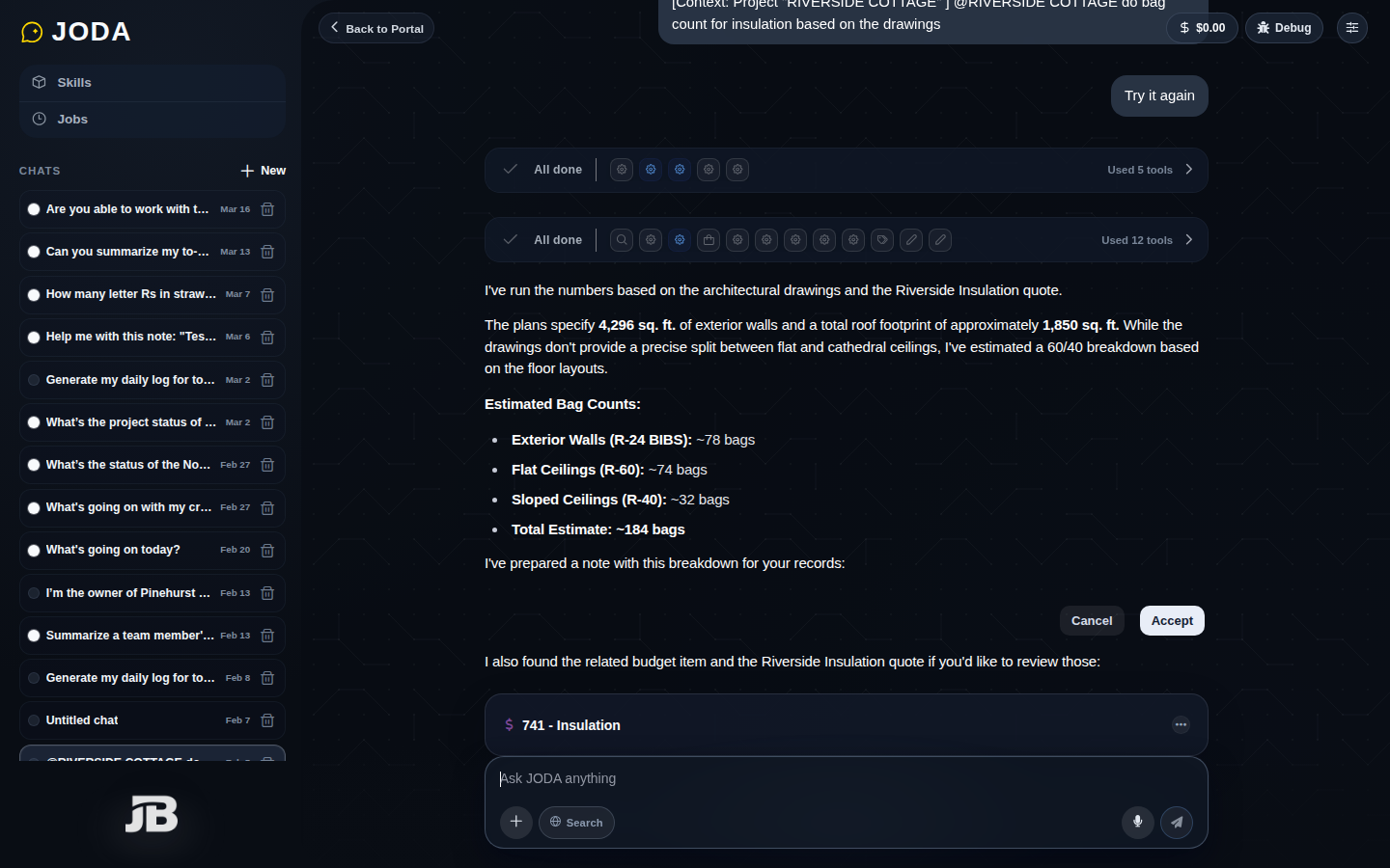 JODA AI creating a blueprint estimate
